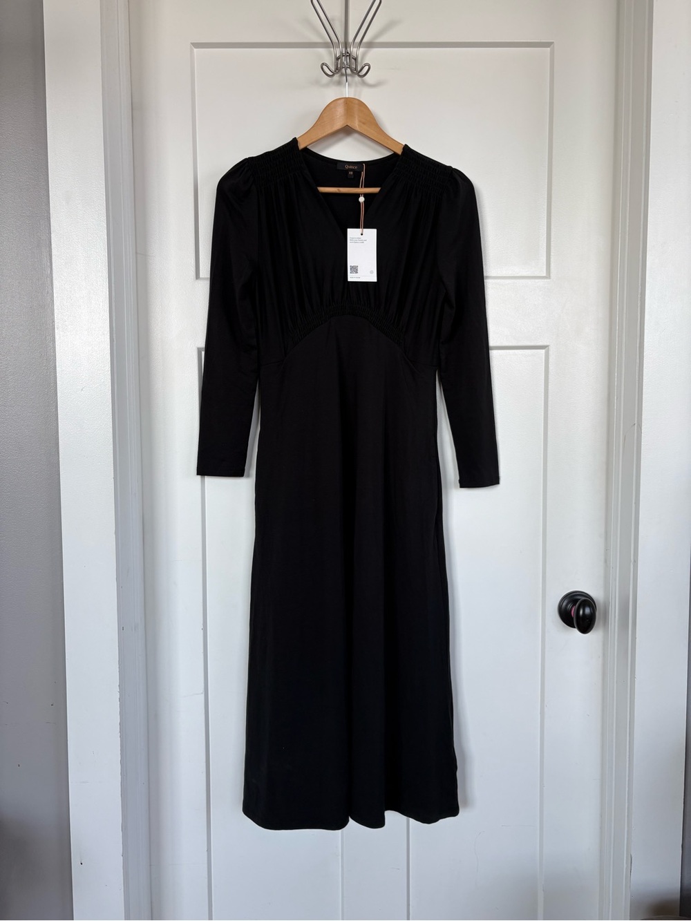 Quince Women’s Black Long Sleeve V-Neck Midi Dress w/Smocking Details S: XS NWT